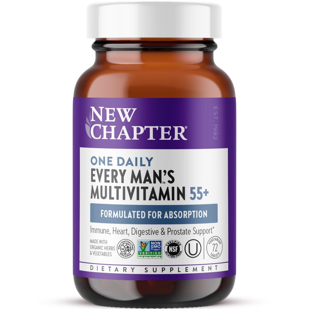 New Chapter Men's Multivitamin 50 Plus für Gehirn, Herz, Verdauungs-, Prostata- und Immununterstützung mit 20+ Nährstoffen + Astaxanthin - Every Man's One Daily 55+, Gentle on The Stomach - 72 ct