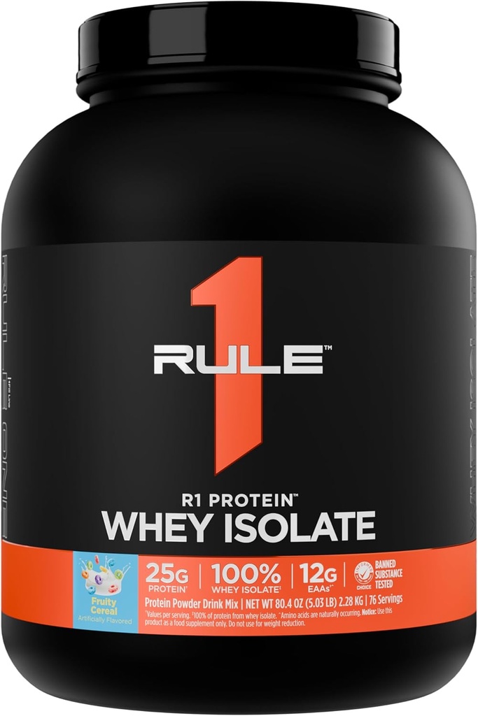 Regel 1 R1 Protein Whey Isolate - mit 25g Protein & 6g BCAA Exklusiv von isolierten & hydrolysierten Quellen für Workout Recovery (5 Pfund*, Fruity Cereal)