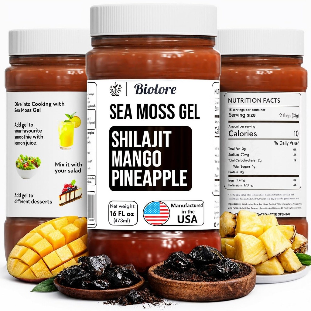 Biolore Wildcrafted Sea Moss Gel mit Shilajit - Mango Ananas 16 Unze - Flavored Sea Moss Gel mit essentiellen Vitaminen & Trace Minerals - Vegan Superfood - Made in USA, Gluten-Free, No Added Sugar