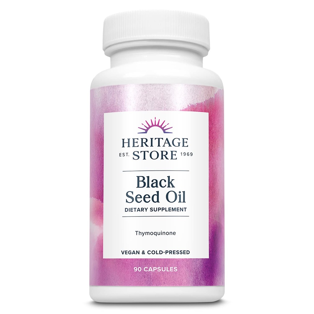 HERITAGE STORE Black Seed Oil Liquid Capsules 650mg, Nigella Sativa Ölergänzung mit Thymochinon, Omega 3 6 9, Antioxidans, Cholesterol, Digestive, Joint & Immune Support*, Vegan, 45 Serv, 90ct