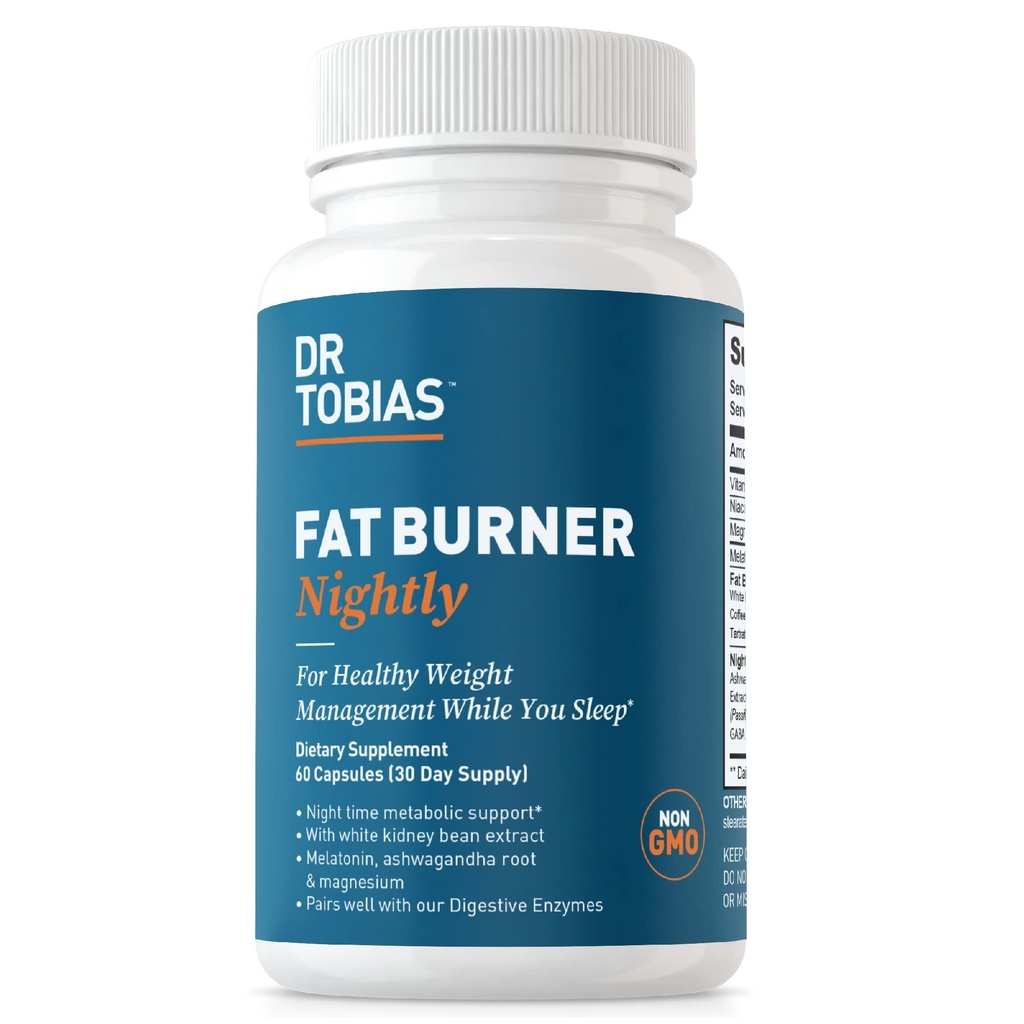 Dr. Tobias Fat Burner Nightly - Night Time Metabolic-Unterstützung mit White Kidney Bean Extract, Ashwagandha Root, Green Coffee Bean Extract & Melatonin | Non-GMO (60 Kapseln 30 Tage Versorgung)