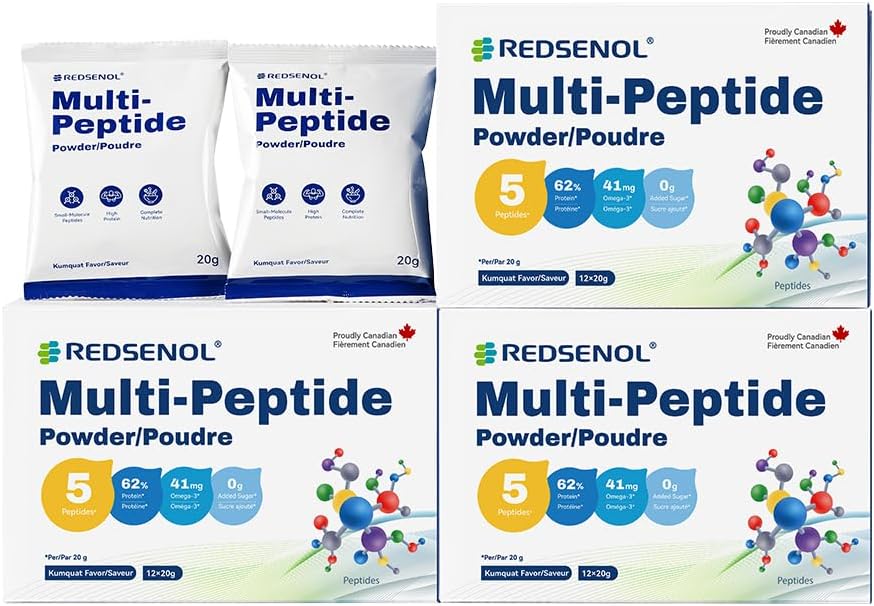 Multi-Peptide Powder, 5 Small-Molecule Protein Peptide: Soy, Ovalbumin, Whey, Sea Cucumber und Shiitake Peptide,100% Absorption, 62% Protein, Omega 3 &6, Vitamine & Minerals (3 Boxen)