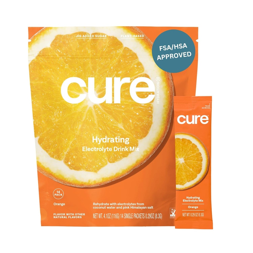 Cure Hydrating Elektrolyt-Mischung | Pulver für Dehydratation Relief | FSA & HSA Eligible | Hergestellt mit Kokosnusswasser | Kein Hinzugefügt Zucker | Vegan | Paleo Friendly | Beutel von 14 Packungen - Orange