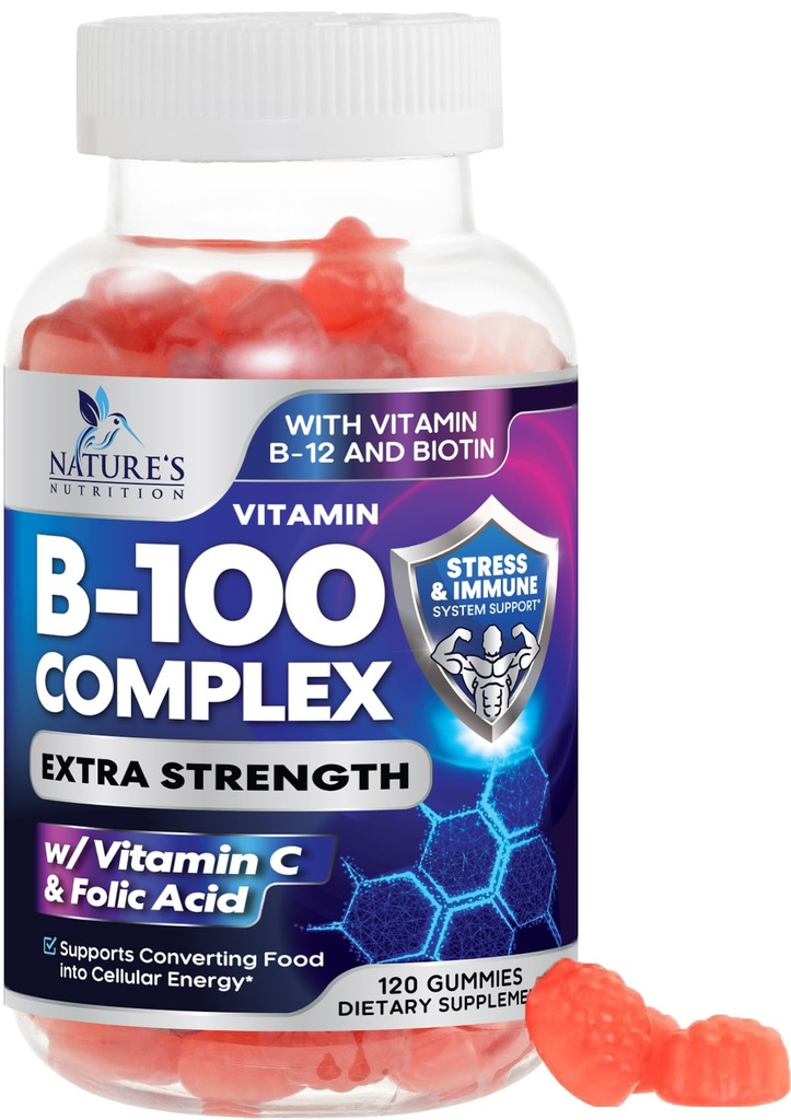 B Complex Supplement Gummis mit Vitamin C & Folsäure, extra Stärke Super Vitamin B Gummy mit Niacin, B6, Folsäure, B12, Biotin, Nature's Energy Immune Support Supplements - 120 Gummie