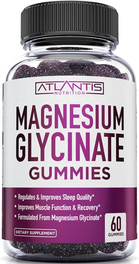 Atlantis Nutrition Magnesium Glycinate Gummis 700mg – Vegan Magnesium Glycinat für Kinder & Erwachsene – Muskelunterstützung & Enhanced Sleep - Delicious Grape Flavor - für ganze Familie - 60 Count