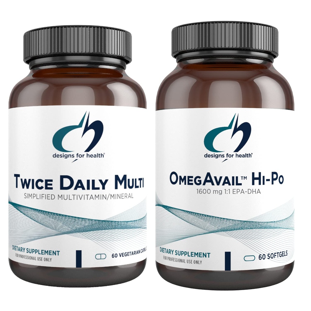 designs for health Fish Oil + Multivitamin Bundle - OmegAvail Hi-Po (60 Softgels) EPA DHA TG Omega-3 with Twice Daily Multi (60 Capsules) Premium Multivitamin/Mineral with Active B Vitamins