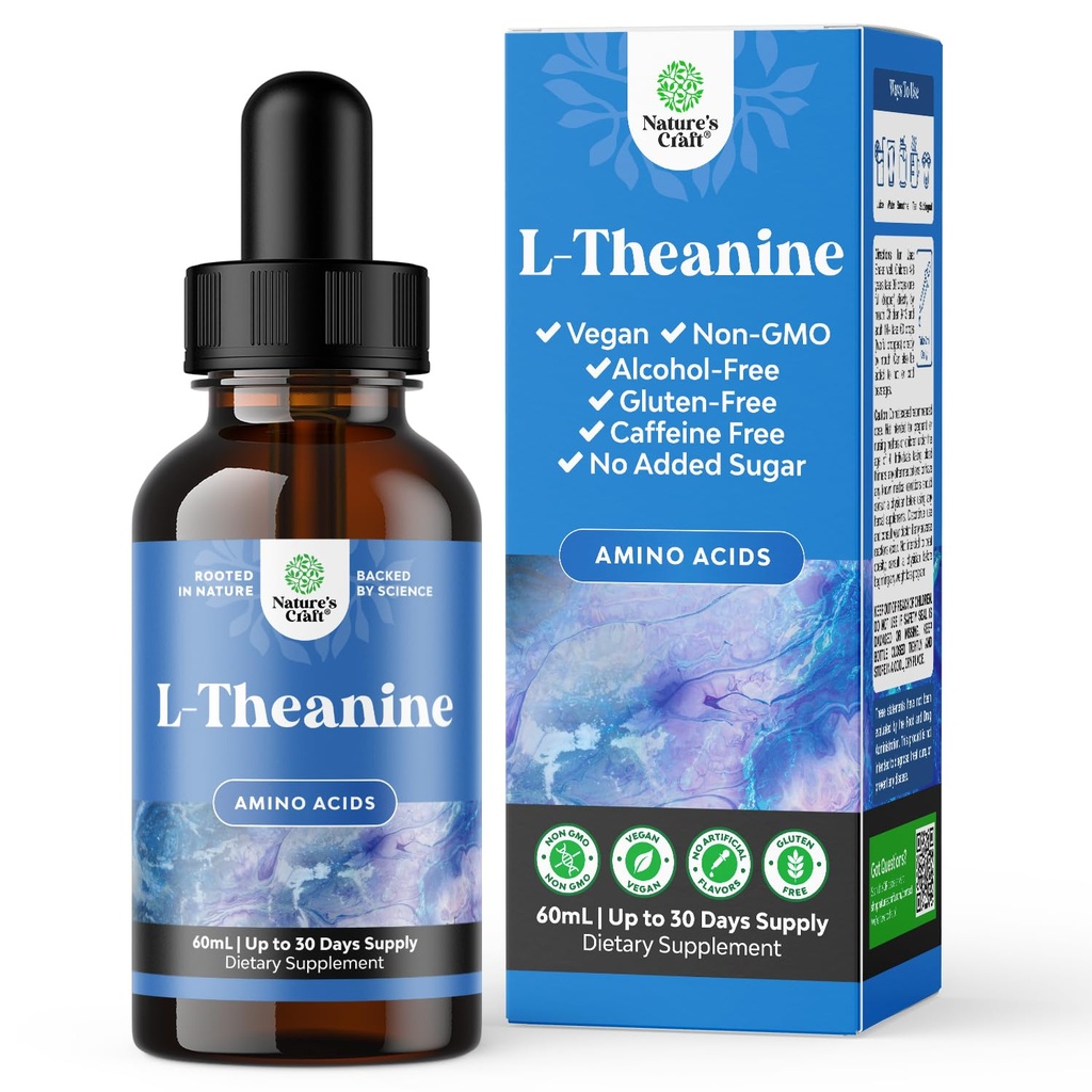Natures Craft High Absorption L-Theanine Flüssigkeitstropfen - Nootropic Focus Supplement mit L Theanine 200mg pro Servieren und Kamille Extrakt - Ergänzung für Erwachsene und Kinder Erholung und Fokus - 2oz