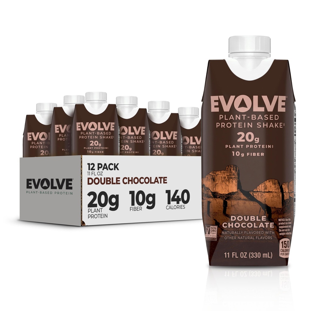 Evolve Plant Based Protein Shake, Double Chocolate, 20g Vegan Protein, Dairy Free, No Artificial Sweeteners, Non-GMO, 10g Fiber, 11 Fl Oz (Pack von 12) - (Formula May Vary)