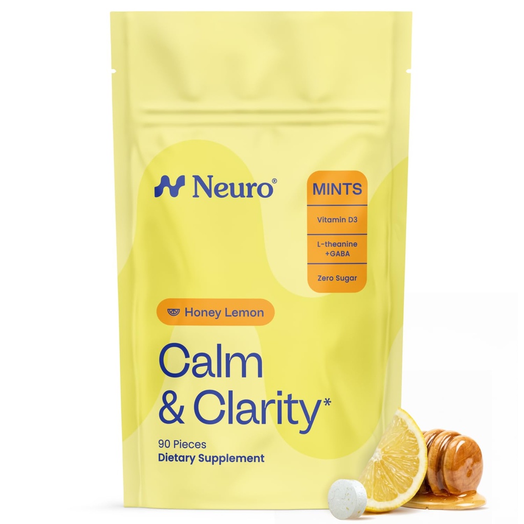 NeuroGummi Calm & Clarity Mints (Honey Lemon, 90 Stück) | GABA + L-Theanin + Vitamin D3 | Zuckerfrei Mood & Stress Relief Supplement