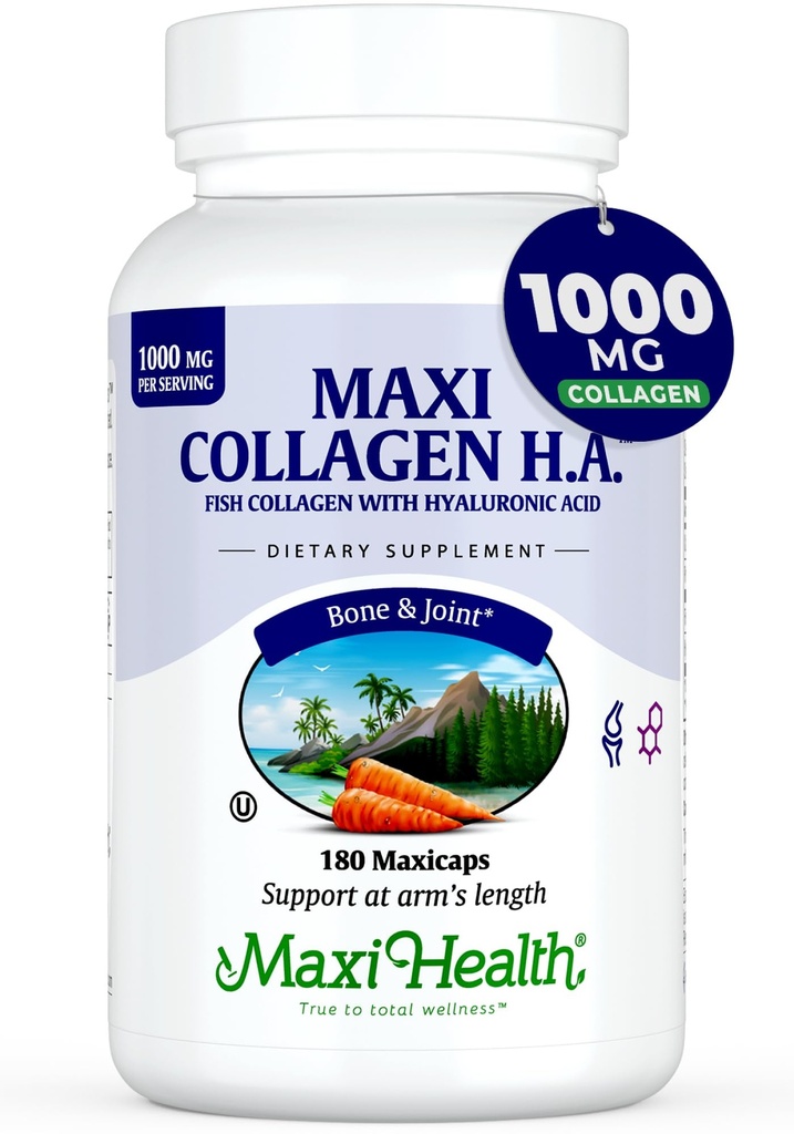 Maxi Health Marine Collagen Pillen – 1000 mg Typ 1 Kollagen für Damen und Herren mit Hyaluronsäure-Ergänzung für Gelenk- und Hautunterstützung – Unflavored, Clean Kosher Capsules (180 Maxicaps)