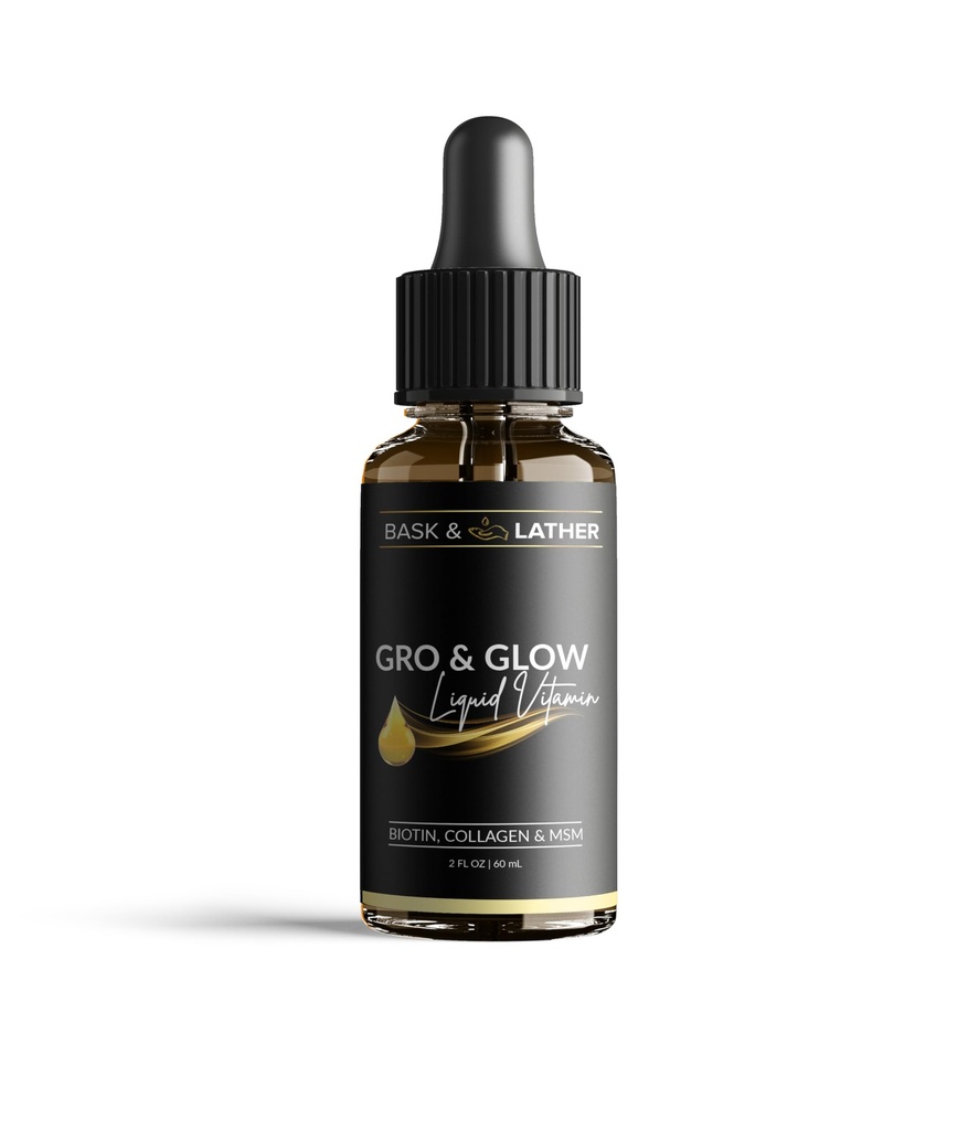 BASK & LATHER GRO & Glow Flüssiges Vitamin, Flüssiges Kollagen für Frauen, Natürliche Inhaltsstoffe mit Collagen, Biotin, Msm, Beauty-Ergänzung, hilft gesundes Haar, Haut und Nägel, Kirschen Geschmack, 2 FL Oz