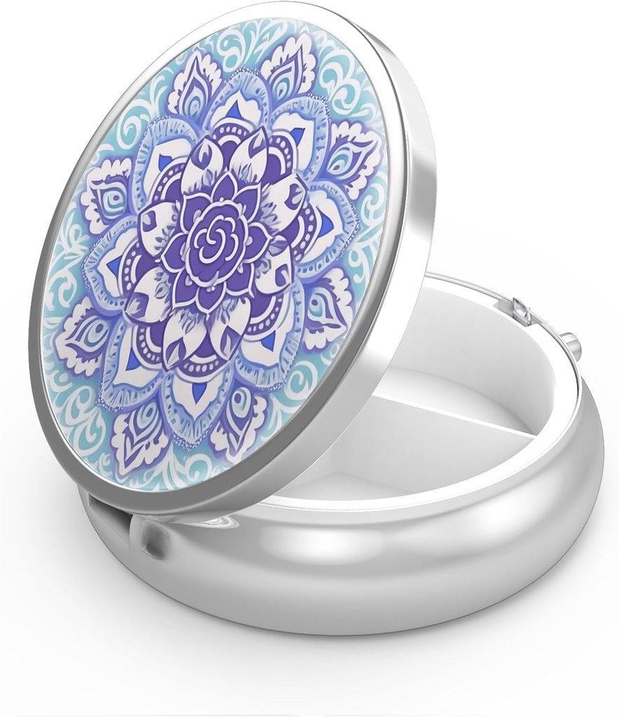 Pill Box 3 Compartment Small Pill Case,Portable for Pocket or Purse Pill Organizer Pill Container Holder to Hold Vitamins, Medication, Fish Oil and Supplements(Mandala Blue)
