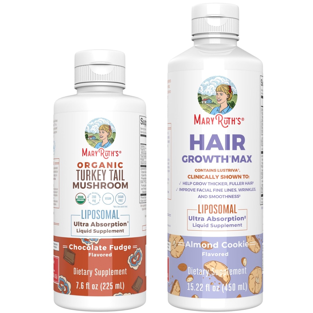 MaryRuth Organics Turkey Tail Mushroom Liposomal (Chocolate Fudge) & Hair Growth MAX (Almond Cookie) | Clean Label Project Verified® | Vitamine für Immunität & Beauty | Vegan, Gluten-Free