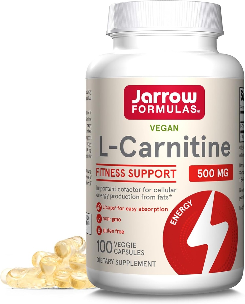 Jarrow Formulas L-Carnitin 500 mg - 100 Veggie Licaps - Wichtiger Cofaktor für die Energieerzeugung (ATP) von Fats - Vegan - Bis zu 100 Servietten