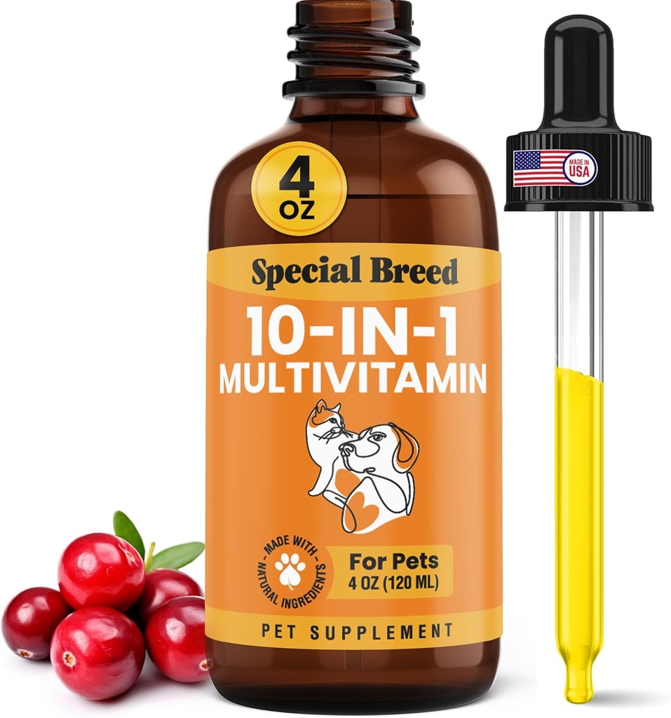 10-in-1 Flüssiges Multivitamin für Hunde und Katzen, 4 Unze Multi Vitamin Supplement, Vitamin für Hunde, Vitamine für Katzen, mit Glucosamin & Cranberry, 4 Unzen