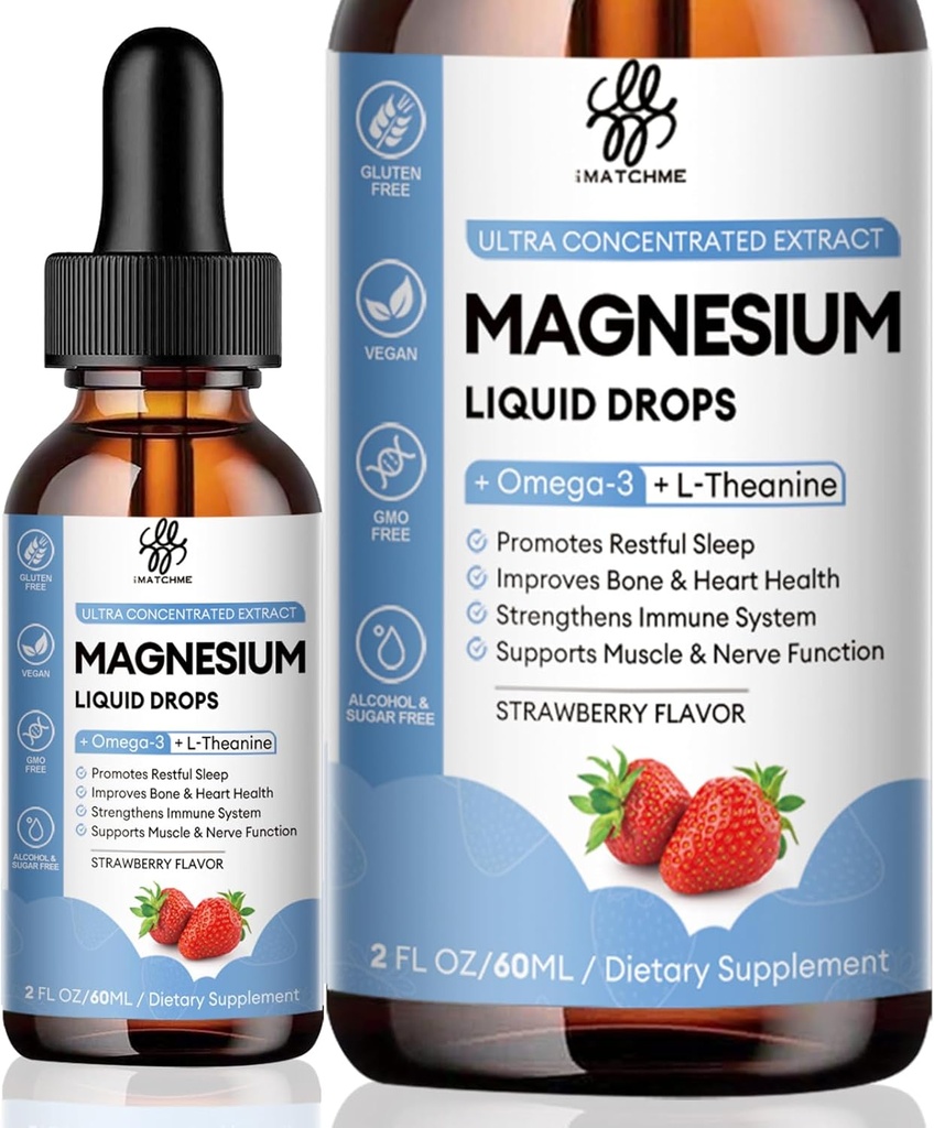 iMATCHME Magnesium Glycinate Flüssigkeitstropfen mit Citrat, Oxid und Taurat, Beruhigen Magnesium mit Omega3, L-Theanin, D3, B6, B12 für Beruhigung, Schlaf, Leg Cramps, Muskeln, Energie, Zuckerfreie Erdbeer-Flaschen