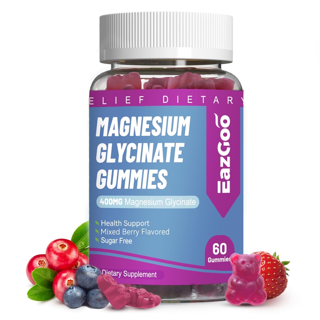 Magnesium Glycinat Gummi 400mg mit L-Threonin 200mg - Zuckerfreie Magnesium Kaliumergänzung mit Vitamin D, B6, CoQ10 für Muskel - 60 gemischte Berry Flavored Gummis