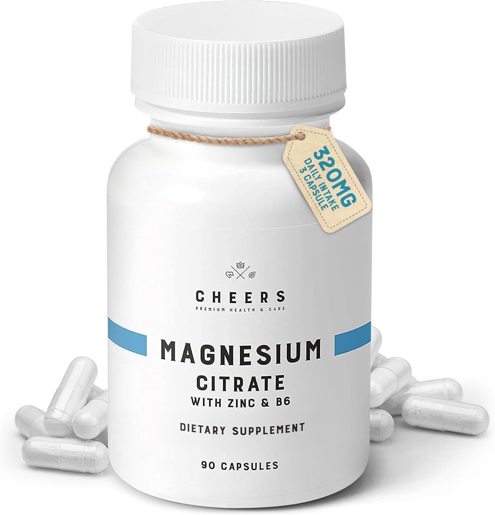 Cheers Magnesium Citrate 320mg | Unterstützt Muskel & Nerve Gesundheit, Immun Boost & Stress Relief | Magnesium Ergänzungen mit Vitamin B6 & Zink | Non-GMO, Vegan, keine künstlichen Inhaltsstoffe | 90 Kapseln