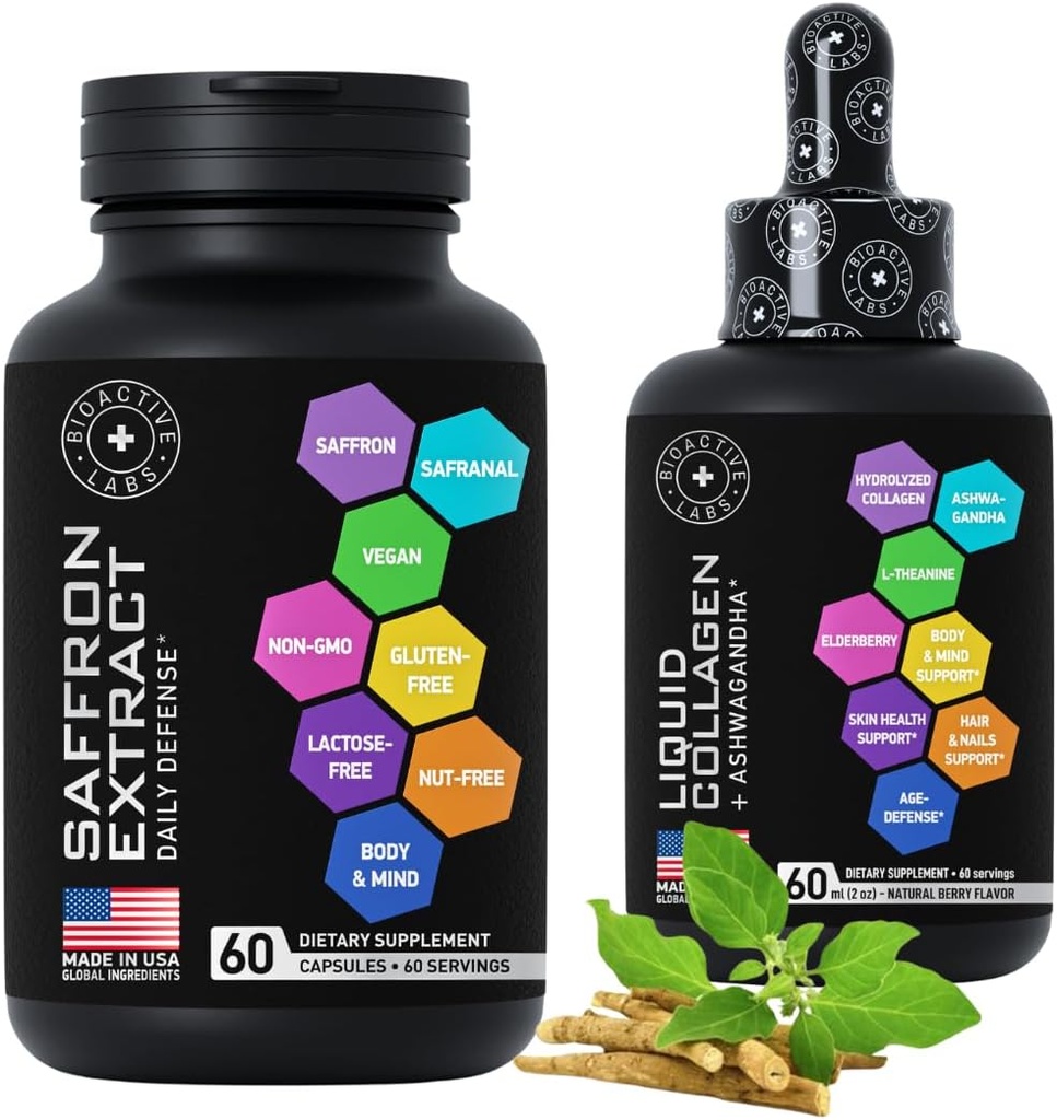Liquid Collagen & Ashwagandha und Pure Saffron Extract Kapseln Schönheit und Energie Unterstützung Bundle
