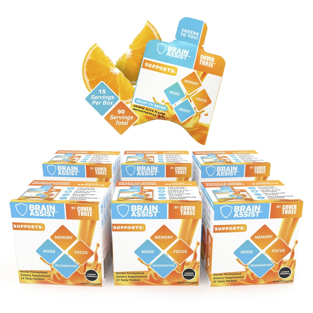 Cover Three Brain Assist Brain Supplement, Nutritional Focus Supplement with Curcumin, Uridine, Orange Slice Liquid Brain Support Formula, High Performance Memory Supplements (6 Boxes)