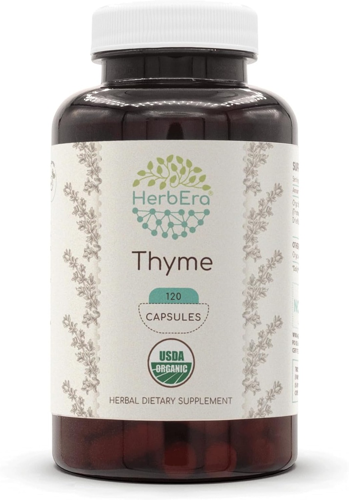 HerbEra Thyme USDA Organic 120 Kapseln | Natürliche Kräuterergänzung | Certified Organic Vegetarian Capsules and Organic Thyme (Thymus Vulgaris) Getrocknete Blatt (120 Kapseln)