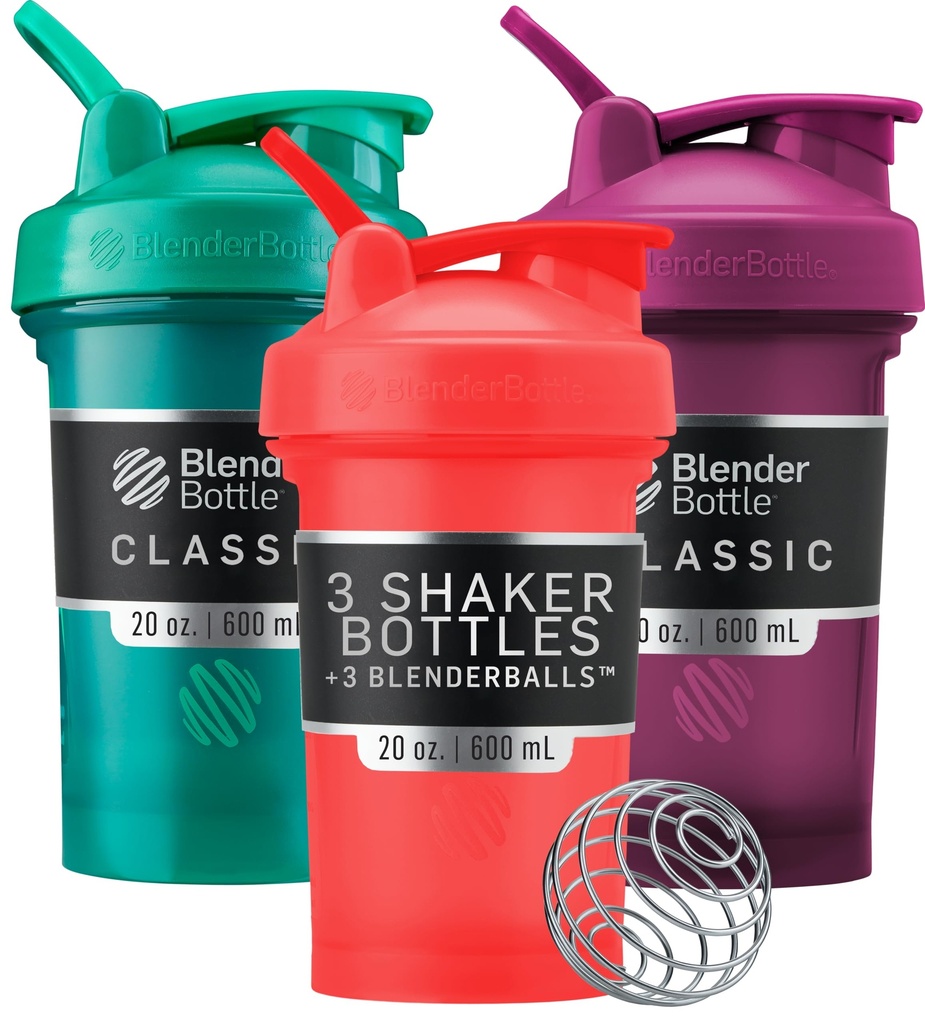 BlenderBottle Classic V2 Shaker Bottle Perfekt für Protein Shakes und Pre Workout, 20-Ounce (3 Pack), Rot, Grün, Plum