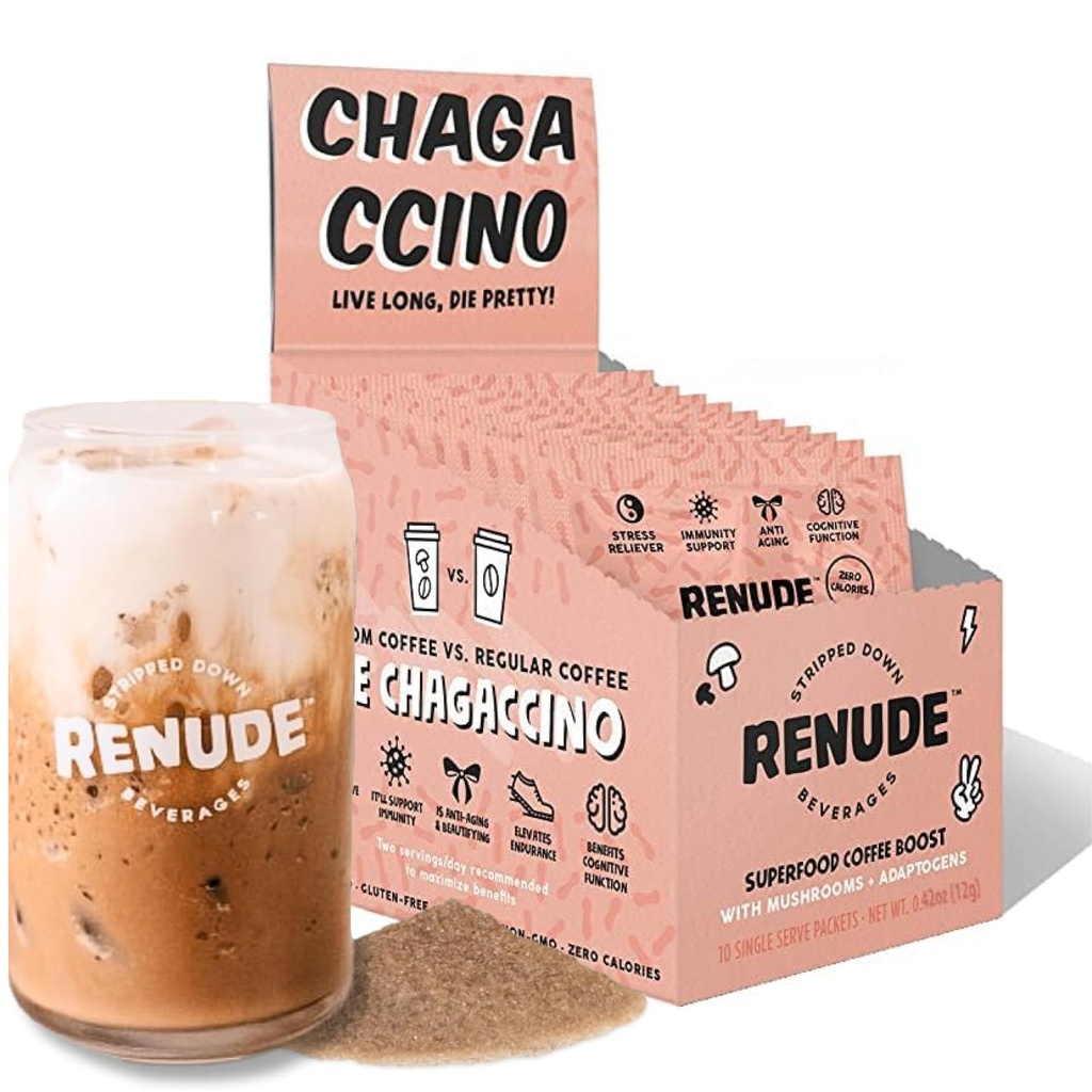 Renude Chagaccino - Chaga Mushroom Powder, Mushroom Coffee Drink Mix with Adaptogens, Natural Energy and Immune Support, Vegan, Keto, Zero Calorie Mushroom Blend Powder - 10 Servings | 500mg wild-foraged chaga mushroom powder with adaptogens for natural energy, focus, and immune support