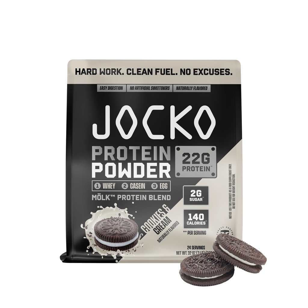 Jocko Fuel Whey Protein Powder, Cookies & Cream, 22g Protein, Digestive Enzymes + Probiotic Blend, No Sugar Added, with Essential Amino Acids + Electrolyte Minerals, 24 Servings