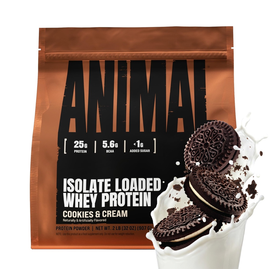 Animal Whey Isolate Protein Powder - Loaded for Pre & Post Workout Muscle Builder and Recovery with Digestive Enzymes for Men & Women - 25g Protein, Great Taste, Low Sugar - Cookies & Cream 2 lbs