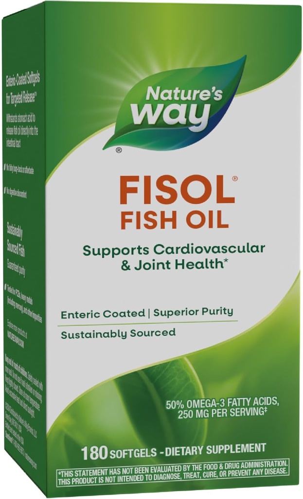 Nature's Way Fisol Fish Oil, Enteric Coated, unterstützt Herz-Kreislauf- und Gelenkgesundheit*, Mega Potency Omega-3s, 180 Softgels (Packaging May Vary)