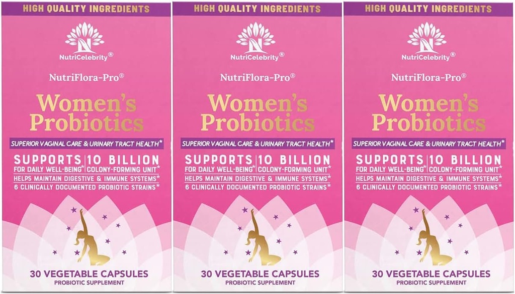 Nutricelebrity Probiotics für Frauen 10 Billion CFU 6 Strains, Bio-Präbiotika für Verdauungs-,Vaginal- und Immungesundheit, PH Balance & Feminine Gesundheit,Period Pain, BV Relief, Cranberry Extract+ 3 Pack