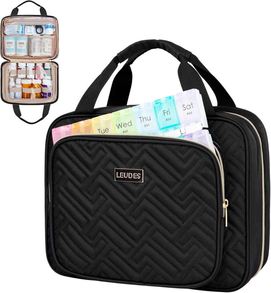 Leudes Travel Pill Bottle Organizer,Medicine Organizer und Speicher,Home Medication Bag, Cases, Träger für Pillen,Vitamin,Fish Oil, Ergänzungen für Frauen und Männer (Medium, Schwarz)