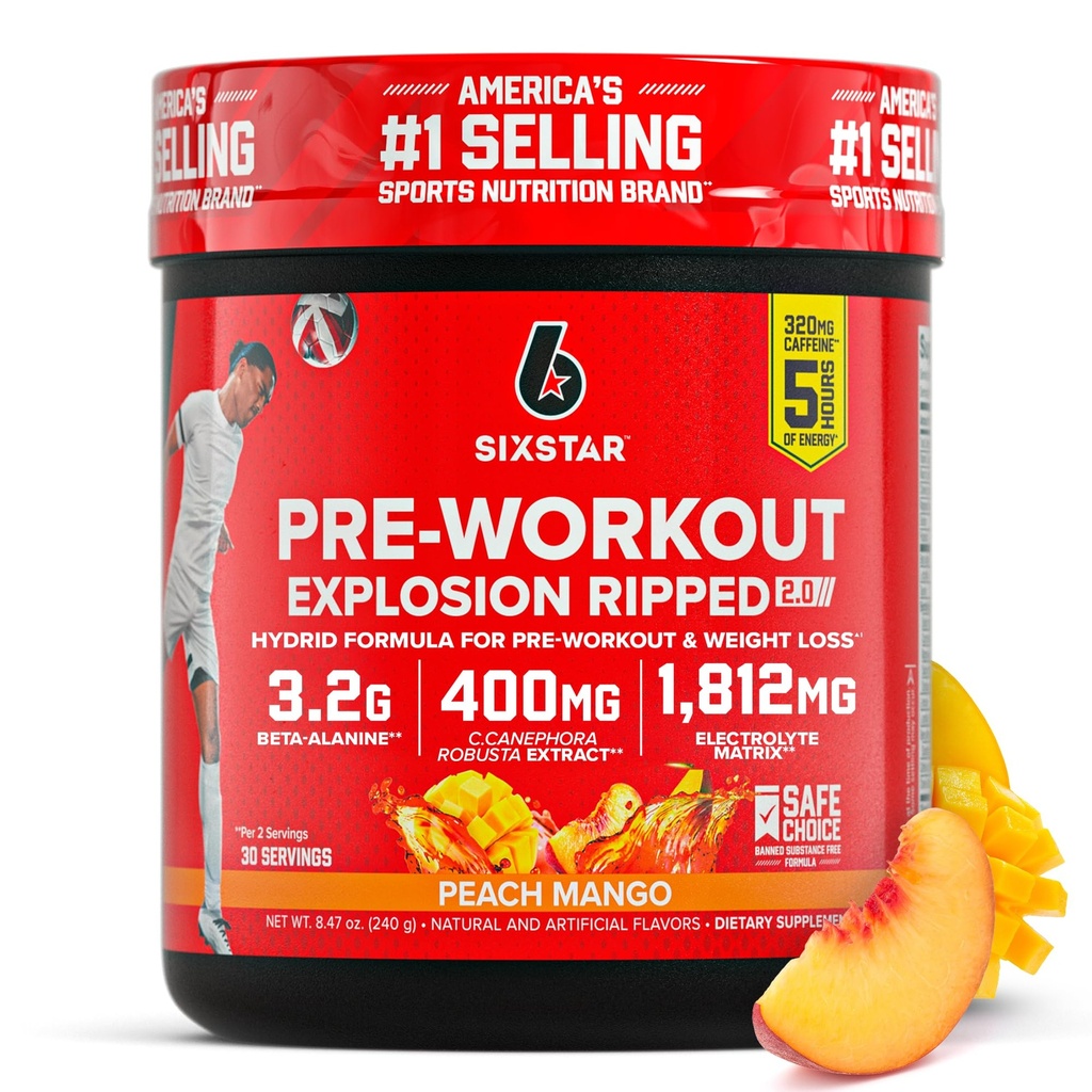 Six Star Pre-Workout Explosion, Peach Mango (30 Servierungen) - Preworkout Energy Powder Supplement for Men & Women - Pre Workout Drink Mix mit Kreatin & Beta Alanine - Sporternährung Produkte
