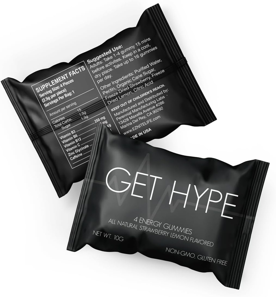 GET Hype Energy Gummies | Vegan, Non-GMO, Glutenfreie Energie-Ergänzung mit Koffein, Vitamin B12, B6, Vitamin C & Zink | Boost Focus, Mental Clarity & Energy | Individuell Wrapped, Packung mit 12