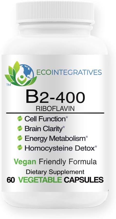 B2-400 Pure Riboflavin - Nervous System Health, Homocystein Detox, Herz-Kreislauf, Hilft Energie, Psychische Klarheit, Stoffwechsel und Zellfunktion (60, Unflavored)