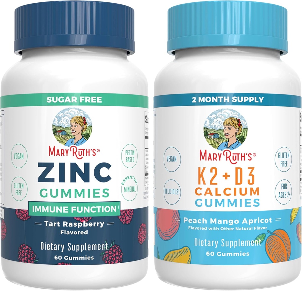 MaryRuth Organics Zinc (Tart Raspberry) & Vitamin K2+D3 Calciumgummis (Peach Mango & Apricot) | Clean Label Project Verified® | Vitamine für Immunität & Gelenk- und Knochengesundheit | Vegan, Non-GMO