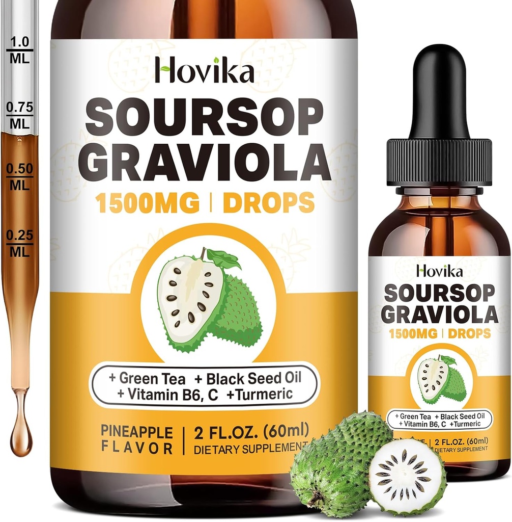 Soursop Graviola Flüssigkeitstropfen 1500mg - Soursop Blätter & Obst mit grünem Tee, schwarzem Samenöl, Kurkuma für Zellunterstützung, Immune, Antioxidans - Bitters Liquid, natürliche Ananas Flavor 2 Fl Oz