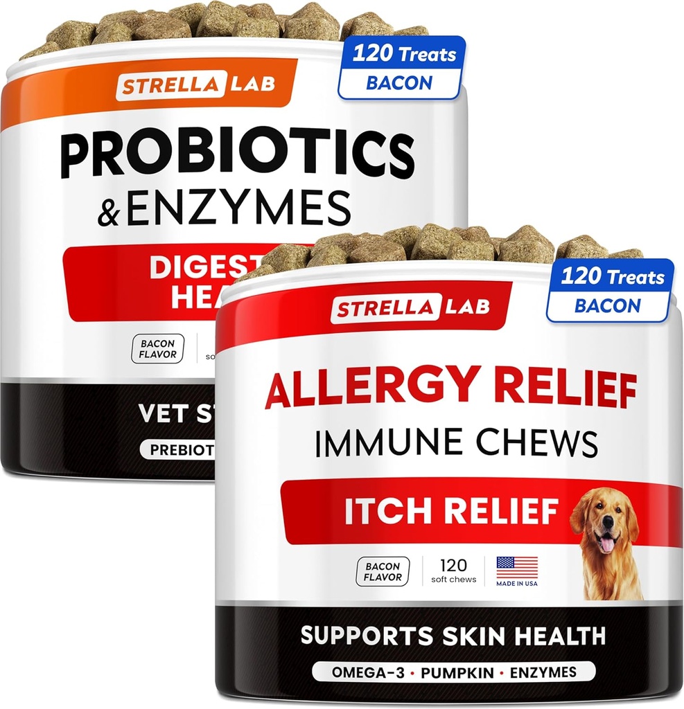 Vet Strength Probiotics + Allergy Relief für Hunde Bundle - Kaufaserergänzung + juckende Hautbehandlung - Verdauungsenzyme + Kürbis - Upset Stomach Relief + Hotspot Relief -240 ct - Made in USA
