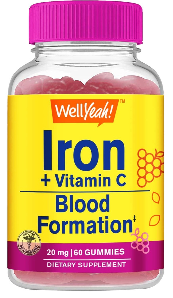 WellJa Eisengummis mit Vitamin C -Anämie und Zellulärer Energieunterstützung, fördert die Bildung von roten Blutzellen - Unterstützung von Energie und Immunsystem -Natural Grape Flavor-60 Gummies