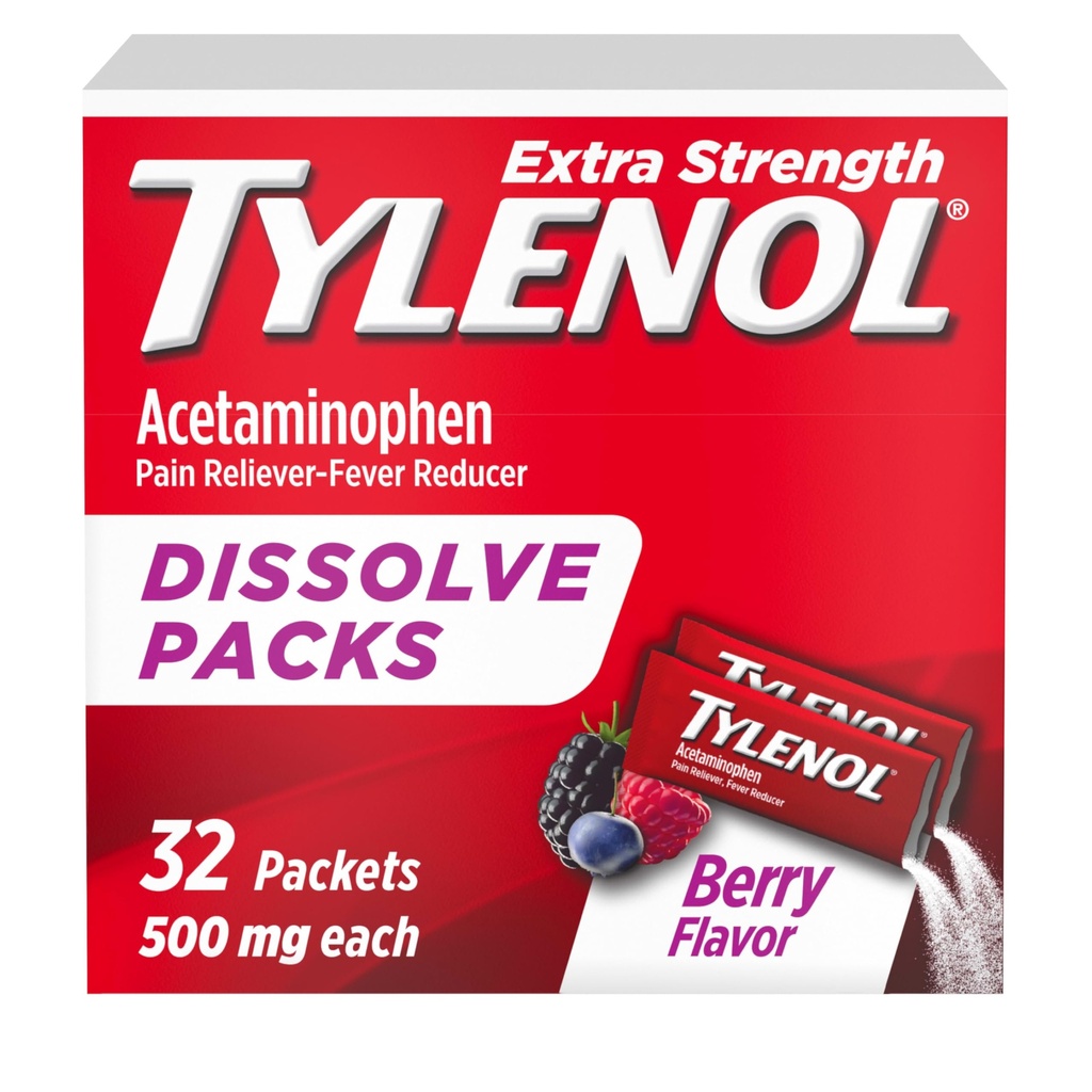 Tylenol Extra Strength Dissolve Powder Packs, 500 mg Acetaminophen Pain Reliever & Fever Reducer Medicine, Fast Relief für Minor Aches & Pains, Ibuprofen- & Aspirin-Free, On-the-Go Berry Flavor, 32 Ct
