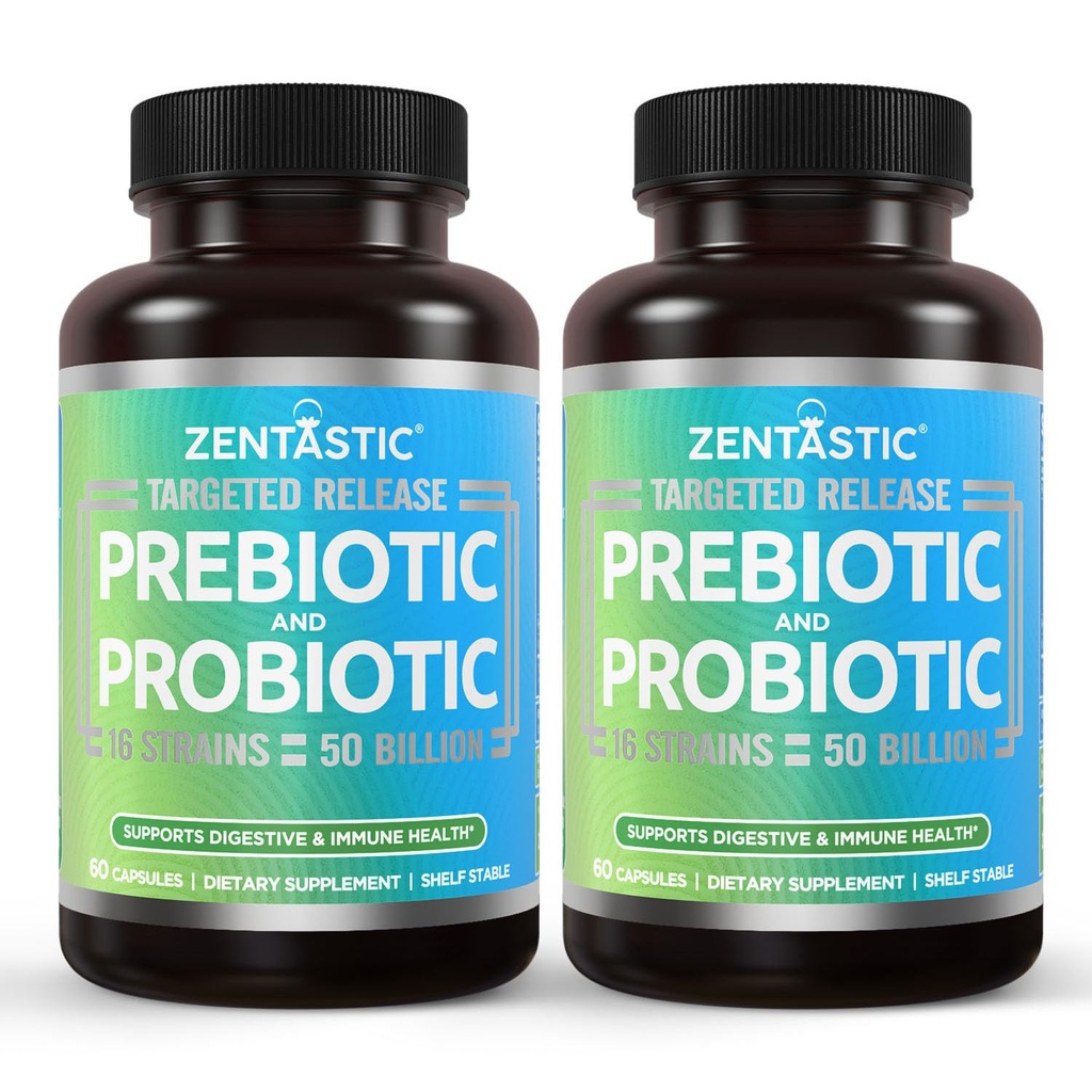 Zentastic Probiotics & Prebiotics Supplement - 50 Billion CFU - für Männer & Frauen Immun- & Verdauungs-Gesundheit - 16 Strains - Regal Stabil - 120 Delayed Release Veggie Capsules