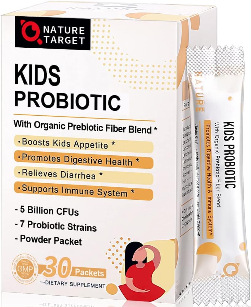 Probiotics-for-Kids mit Prebiotics Fiber, 5 Billion CFUs Kids Probiotic Powder for Digestive Health & Immune Support, 7 Organic Probiotic Strains für Alter 3+, Dairy, Gluten & Sugar Free, 30 Packets