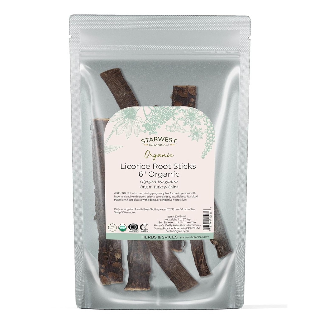 Starwest Botanicals Organic Dried Licorice Root Sticks 6" - Kräuter für lose Blatt Tee Blends, Süßigkeiten, & Backwaren, Schnitt & Gefertigt, zertifiziert Kosher, Non-GMO - 4 oz Pouch