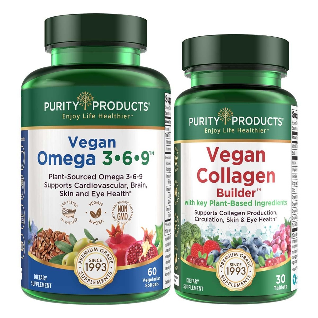 Reinheitsprodukte Bundle - Vegan Omega 3-6-9 + Vegan Collagen Builder Omega 3-6-9 (“5 in 1” pflanzenbasierte Omega Essential Fatty Acid) - Vegan Collagen Builder (w/Key Plant-Based Ingredients &amp; More)