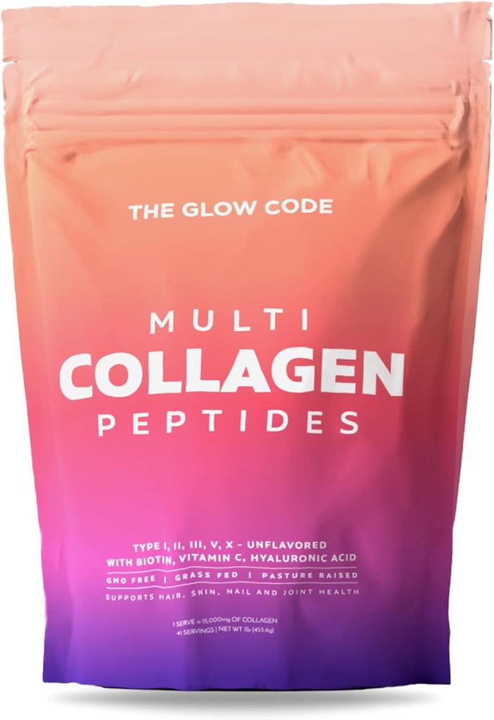 Die Glow Code Multi Collagen Peptide – Typ I,II,III,V & X hydrolysiertes Kollagenpulver, ungeflammt, mit Biotin, Vitamin C & Hyaluronsäure Enhanced