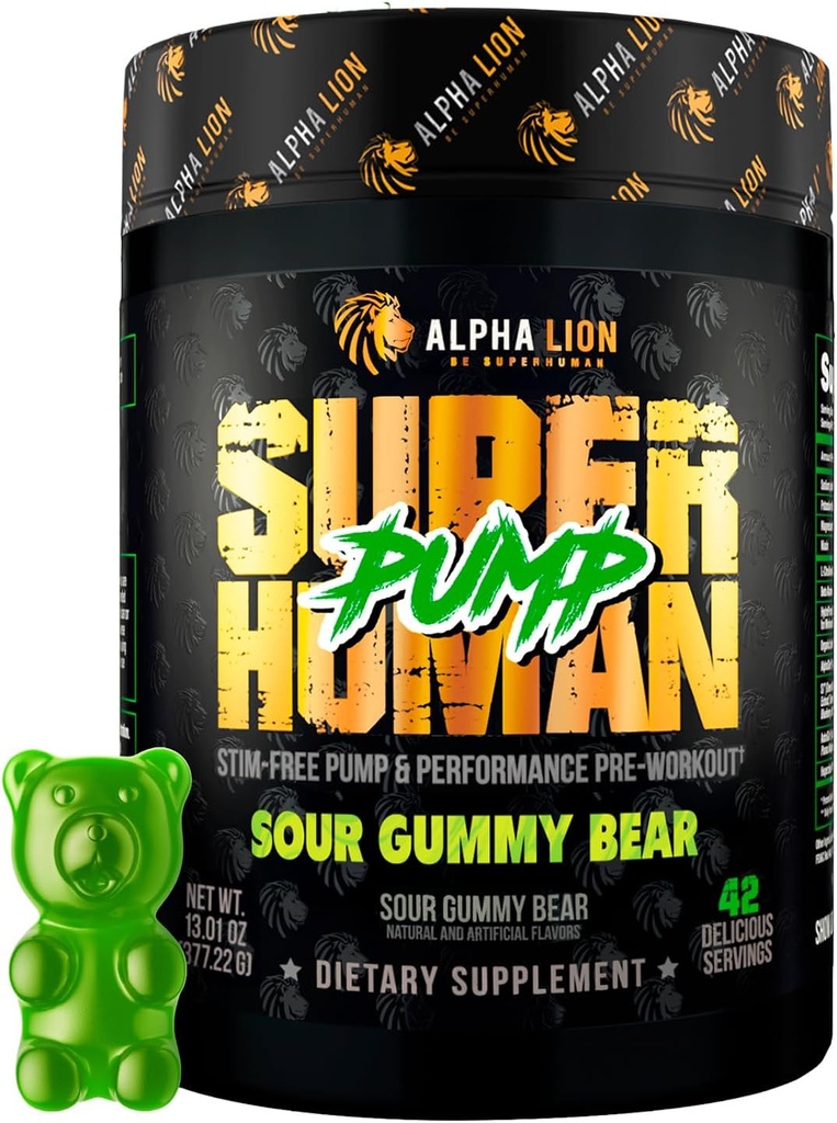 ALPHA LION Superhuman Pump Pre Workout Powder, Nootropic Caffeine & Stim Free Preworkout Supplement, Nitric Oxide Booster, Muscle Gainer, Energy & Focus (42 Portionen, Sour Gummy Bear)