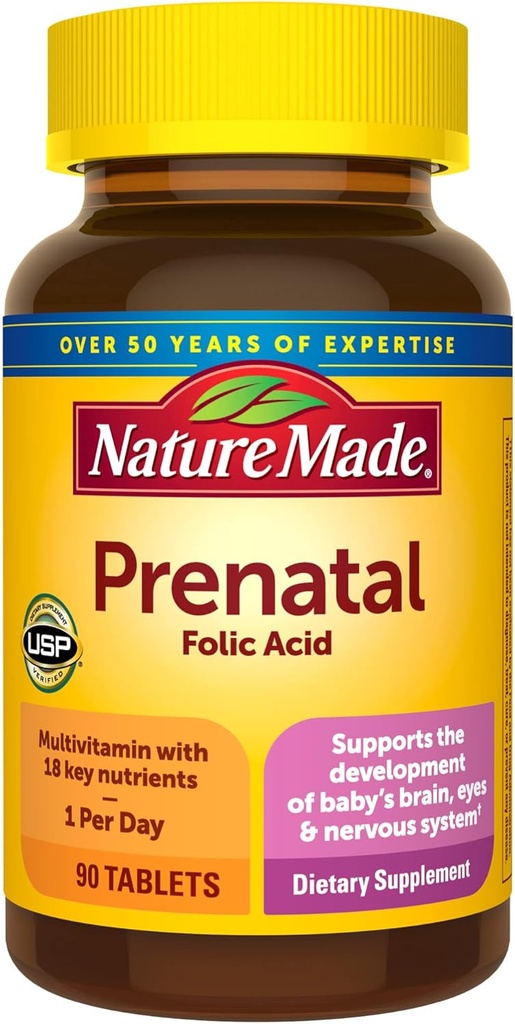 Nature Made Prenatal Multivitamin mit Folsäure, Pränatales Vitamin und Mineralergänzung für tägliche Ernährungsunterstützung, 90 Tabletten, 90 Tage Versorgung