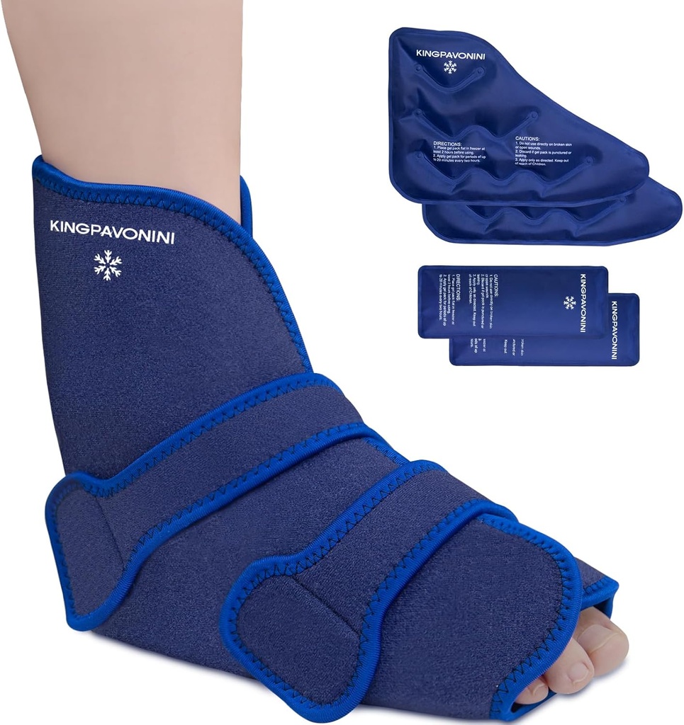 KingPavonini Knöchelfuß Ice Pack Wrap für verstopfte Knöchel- und Chirurgie-Recovery, wiederverwendbare Gel-Eis-Packs für Feet-Injuries, Plantar Fasciitis, Achilles Tendonitis, Hot/Cold-Therapie (1 Wrap+4 Gel Packs)