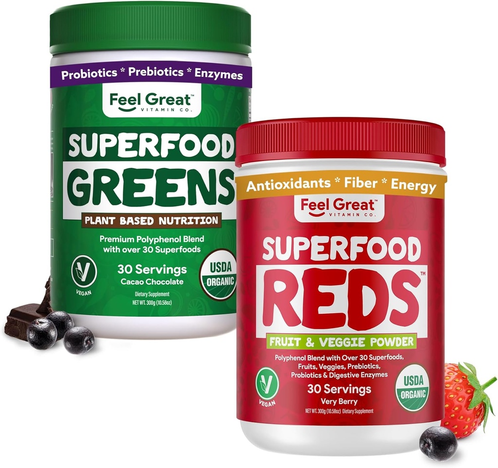 Feel Great USDA Organic Reds & Super Greens Powder Combo (2-Pack) | Über 35+ Grüns, Obst & Gemüse, Fiber, Probiotics & Digestive Enzyme | 30 Servierungen