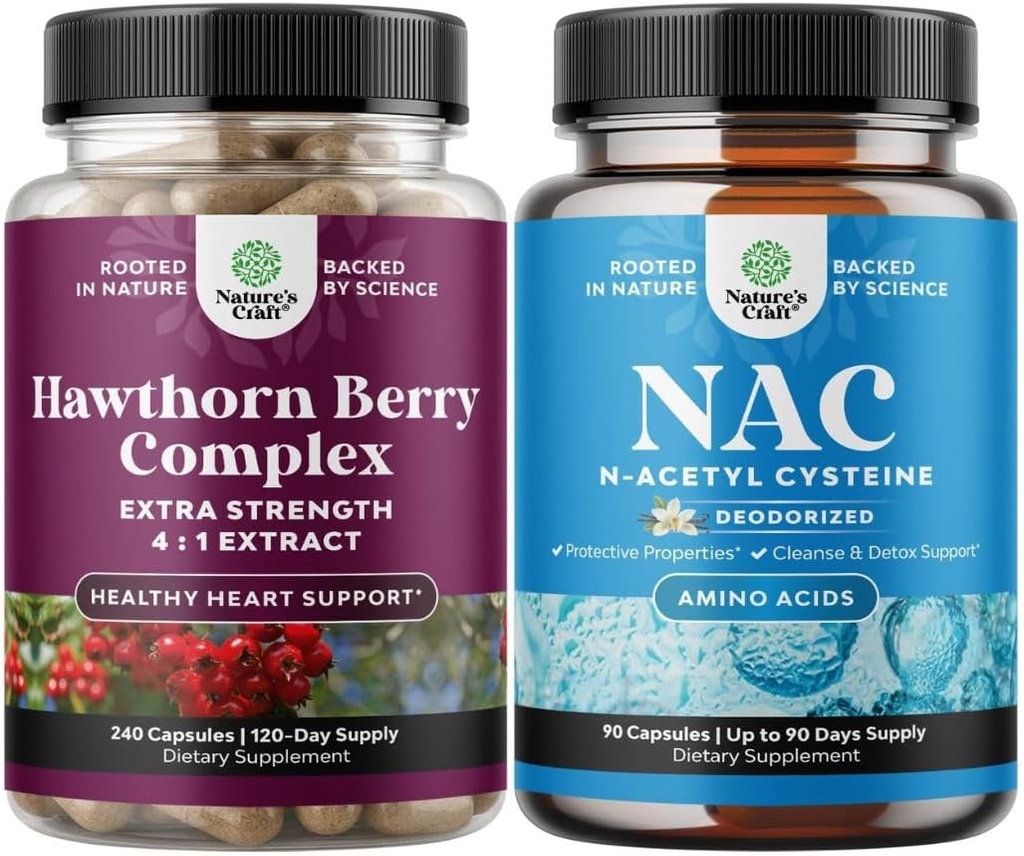 Bundle of High Strength Hawthorn Berry Capsules with Leaf & Flower Extract 4:1 for Healthy Heart & Digestion and NAC Supplement N-Acetyl Cystein 600mg - Glutathione Precursor for Liver Cleanse Detox